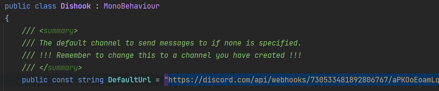 Paste the webhook URL into the DefaultUrl field